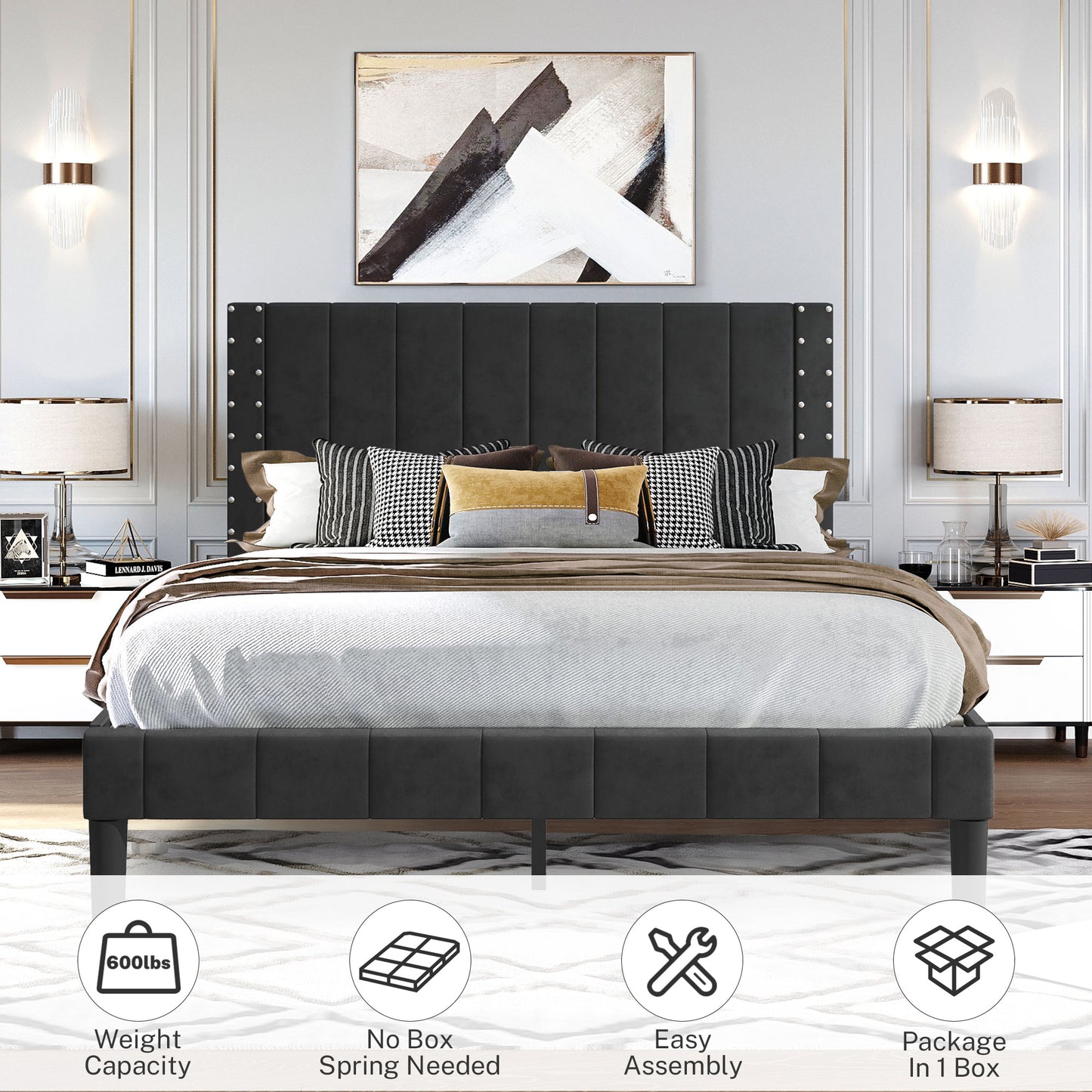 SYNGAR Queen Bed Frame, Modern Bed Frame with Square Tufted Upholstered Headboard, Wood Slat Support, Beige