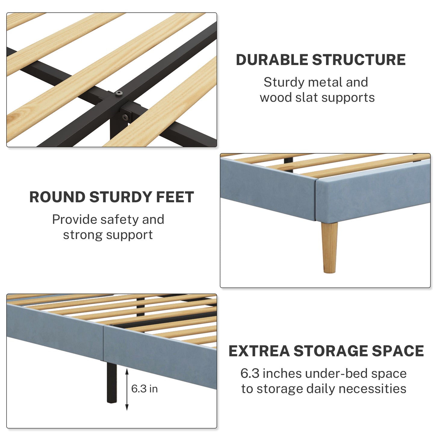 SYNGAR Blue Fabric Upholstered Platform Bed Frame Queen Size with Button Tufted Headboard, Mattress Foundation Metal Frame with Strong Wood Slat Support, No Box Spring Needed