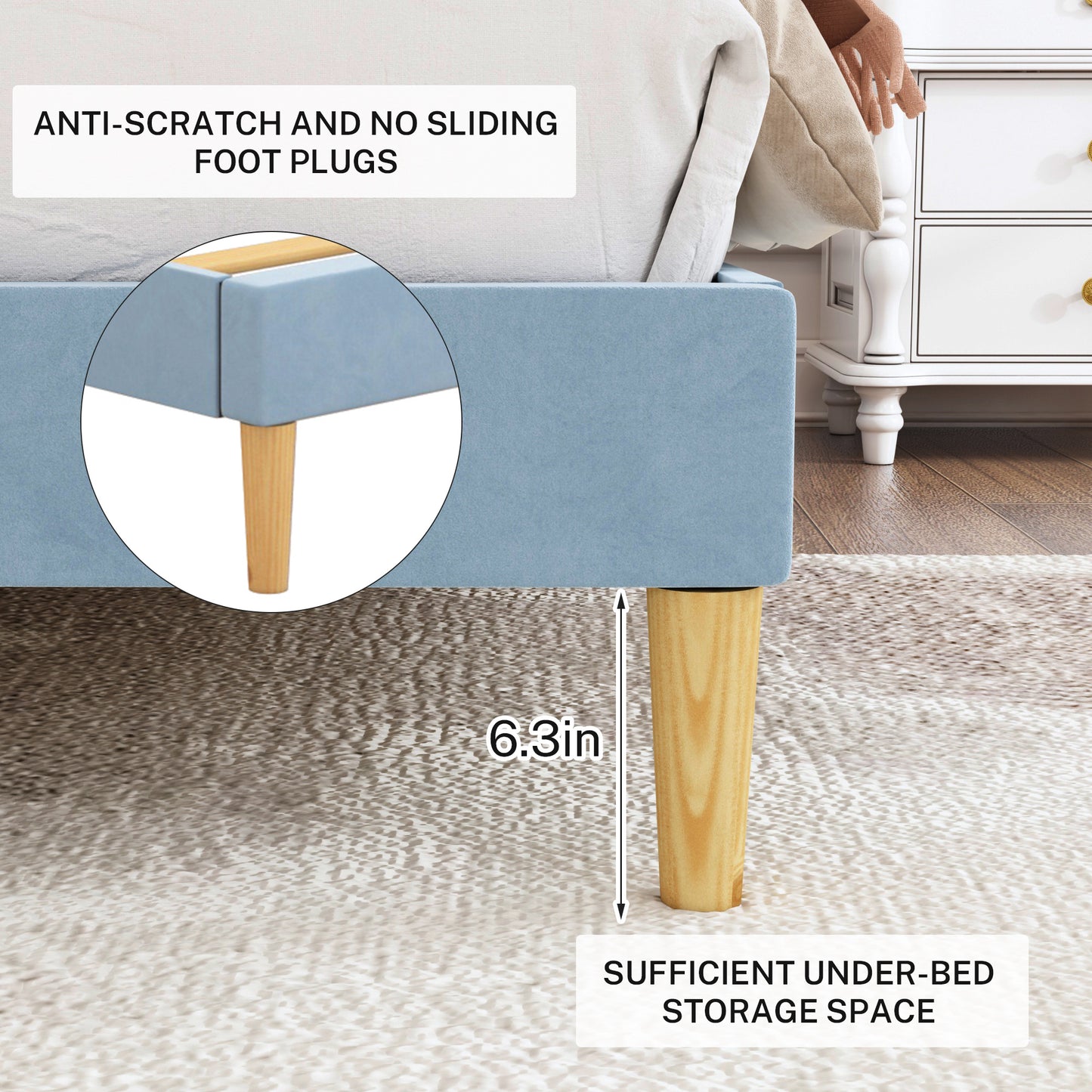 SYNGAR Blue Fabric Upholstered Platform Bed Frame Queen Size with Button Tufted Headboard, Mattress Foundation Metal Frame with Strong Wood Slat Support, No Box Spring Needed