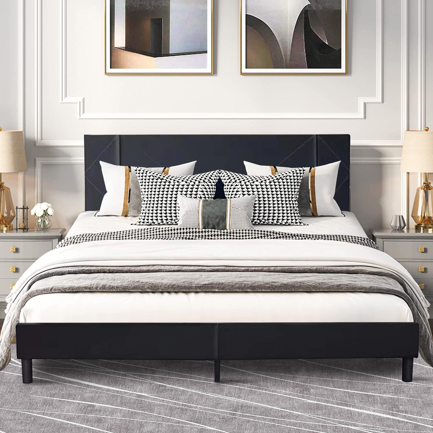 White Fabric Upholstered Platform Bed Frame Queen Size with Height Adjustable Headboard, Mattress Foundation with Strong Wooden Slat Support, No Box Spring Needed