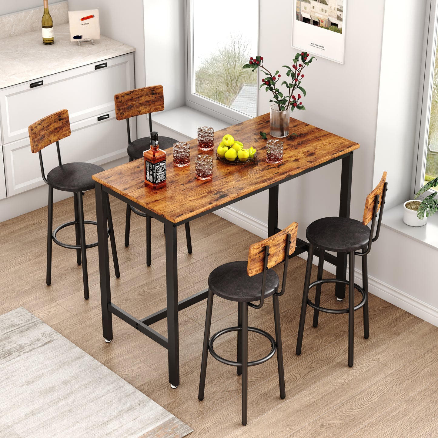5 Piece Dining Set, Modern Dining Table and Chairs Set for 4, Kitchen Dining Table Set with Faux Marble Tabletop and 4 PU Leather Upholstered Chairs, for Small Space, Breakfast Nook, Brown, D7157