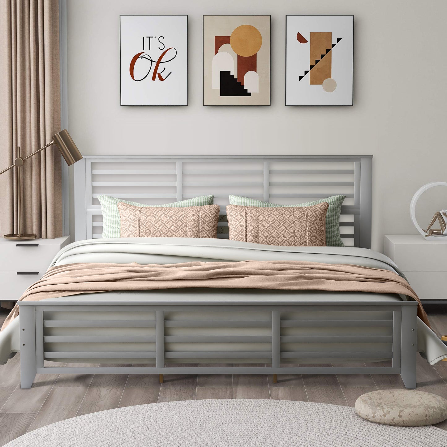 Syngar King Size Platform Bed with Headboard, Solid Wood Frame with Headboard, 800 Lbs. Weight Capacity, White, LJ2093