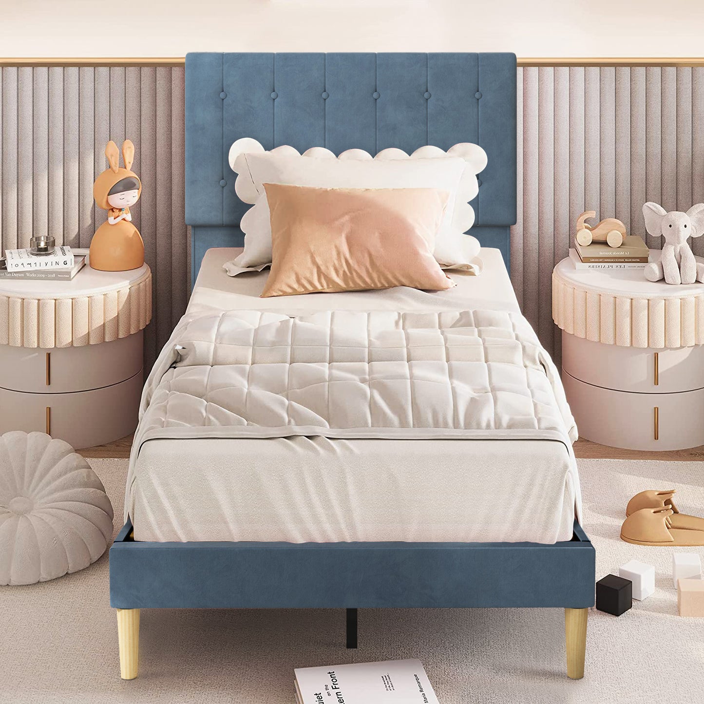 SYNGAR Queen Bed Frame, Modern Bed Frame with Square Tufted Upholstered Headboard, Wood Slat Support, Beige