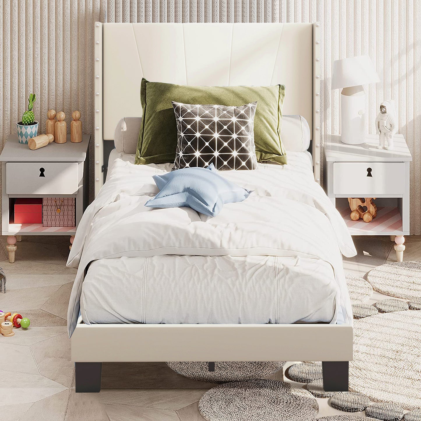 SYNGAR Beige Fabric Upholstered Platform Bed Frame Twin Size with Rivet Wingback Headboard, Metal Frame Mattress Foundation with Strong Wooden Slat Support, No Box Spring Needed, Easy Assembly