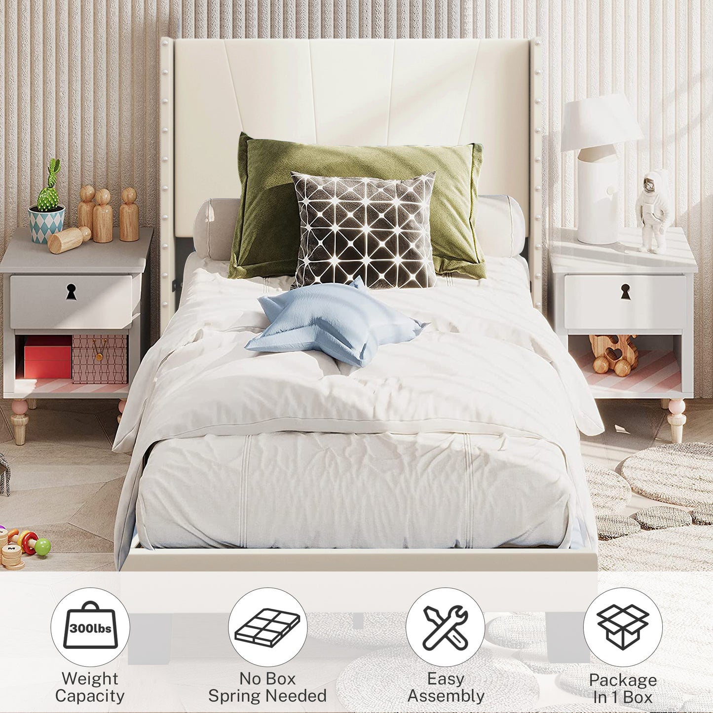 SYNGAR Twin Size Platform Bed Frame with Faux Leather Upholstered Headboard, Button Tufted and Height Adjustable, Ivory White