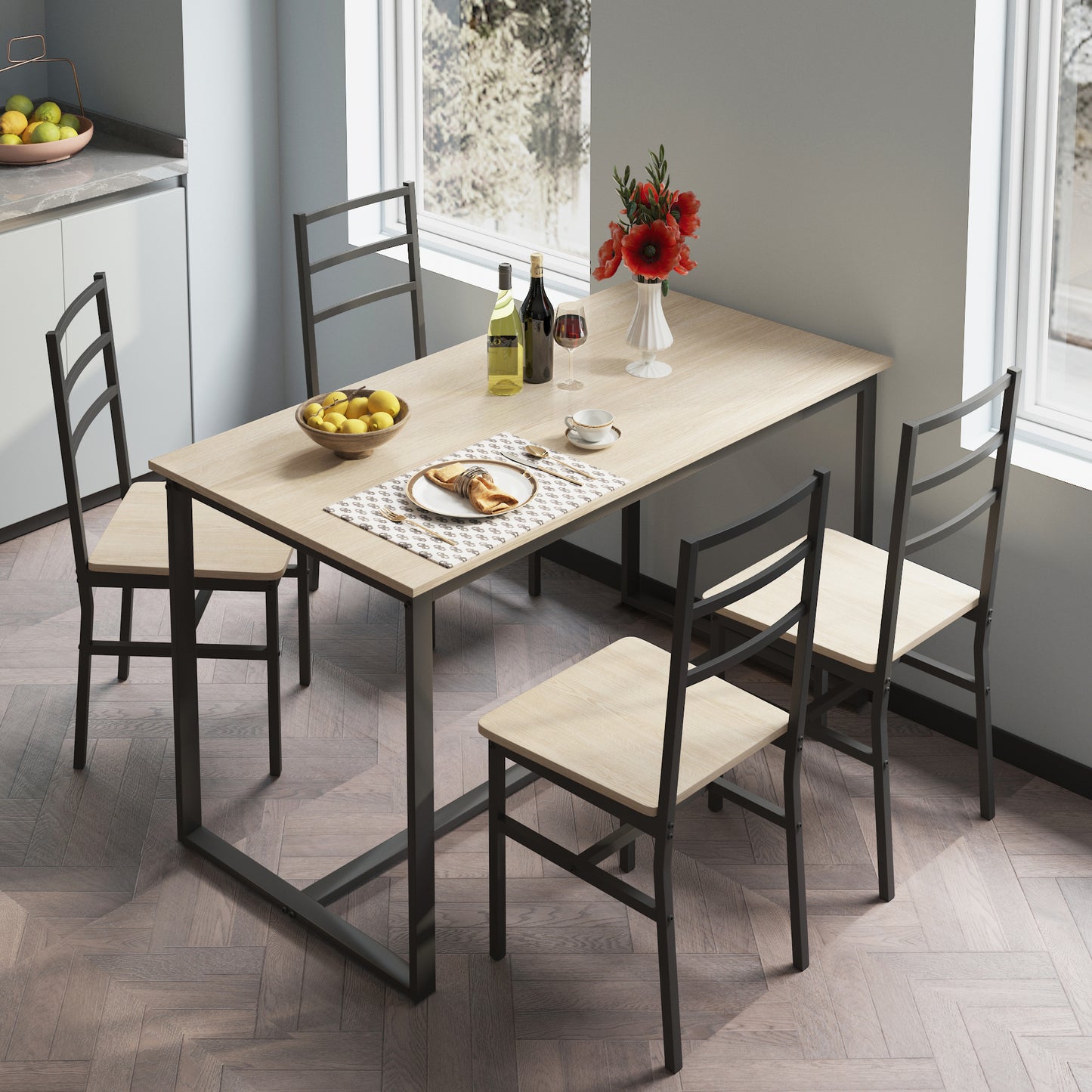 5 Piece Dining Table Set for 4, Dining Room Table Set, Modern Rustic Table Set with 4 Chairs, Wooden Tabletop and Metal Frame, Home Kitchen Breakfast Table and Chairs Set, D6115