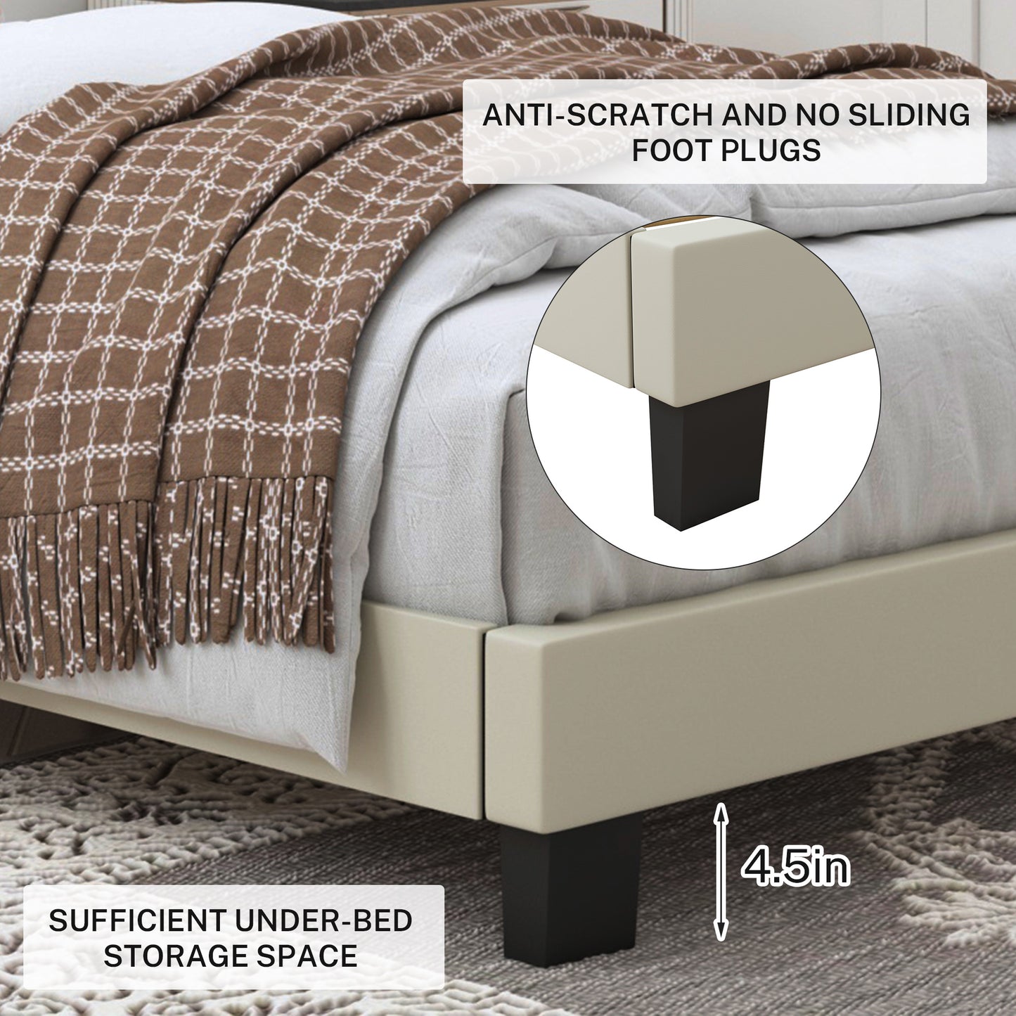 SYNGAR Twin Size Platform Bed Frame with Faux Leather Upholstered Headboard, Button Tufted and Height Adjustable, Ivory White