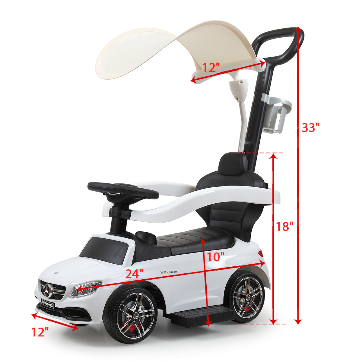 Push Car for Toddlers, 3 in 1 Licensed Mercedes Benz Car Stroller with Canopy, Parent Handle, Safety Bar, Cup Holder, Music, Horn and Storage, Baby Ride on Car for 1-3 Years Boys & Girls, White, C16