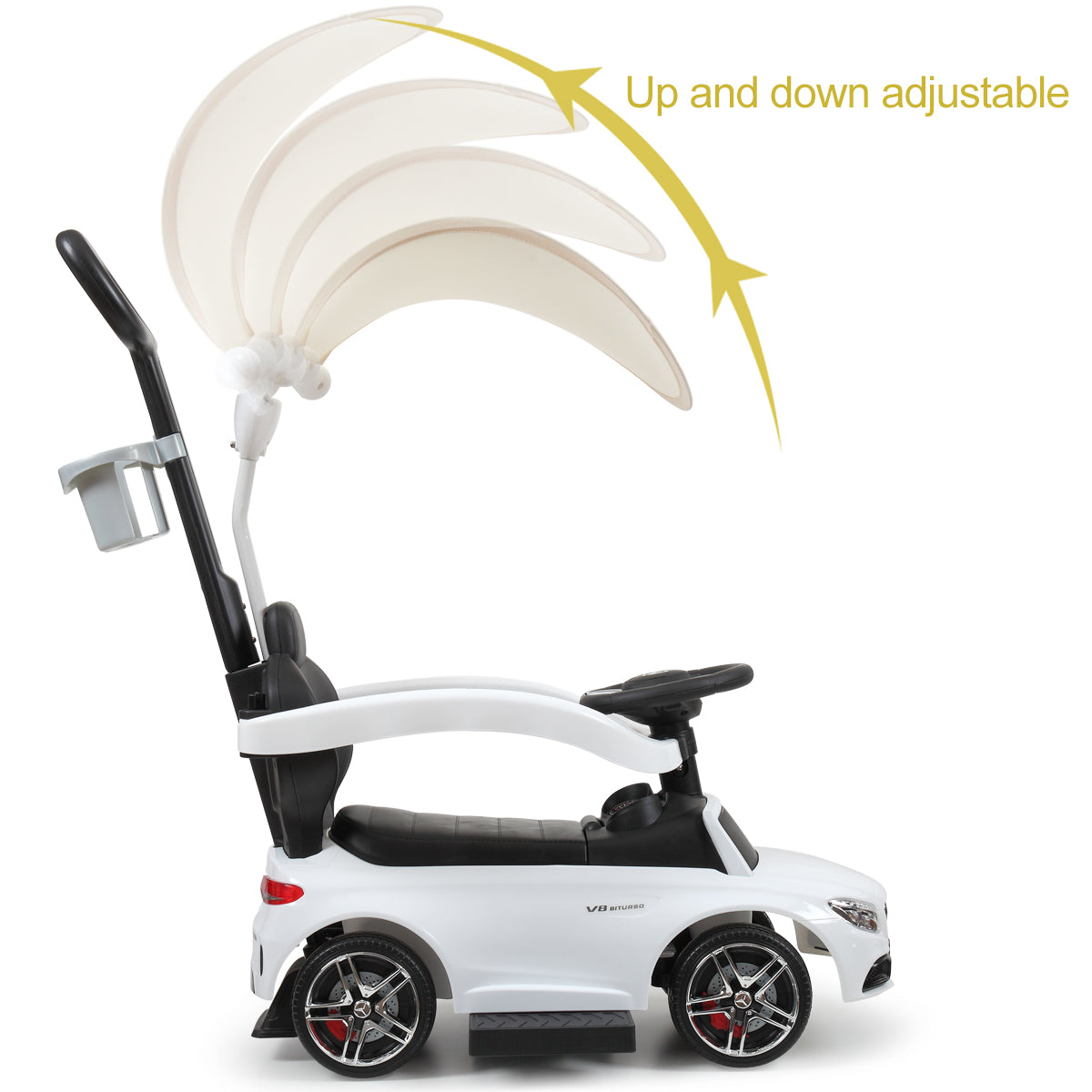 Push Car for Toddlers, 3 in 1 Licensed Mercedes Benz Car Stroller with Canopy, Parent Handle, Safety Bar, Cup Holder, Music, Horn and Storage, Baby Ride on Car for 1-3 Years Boys & Girls, White, C16