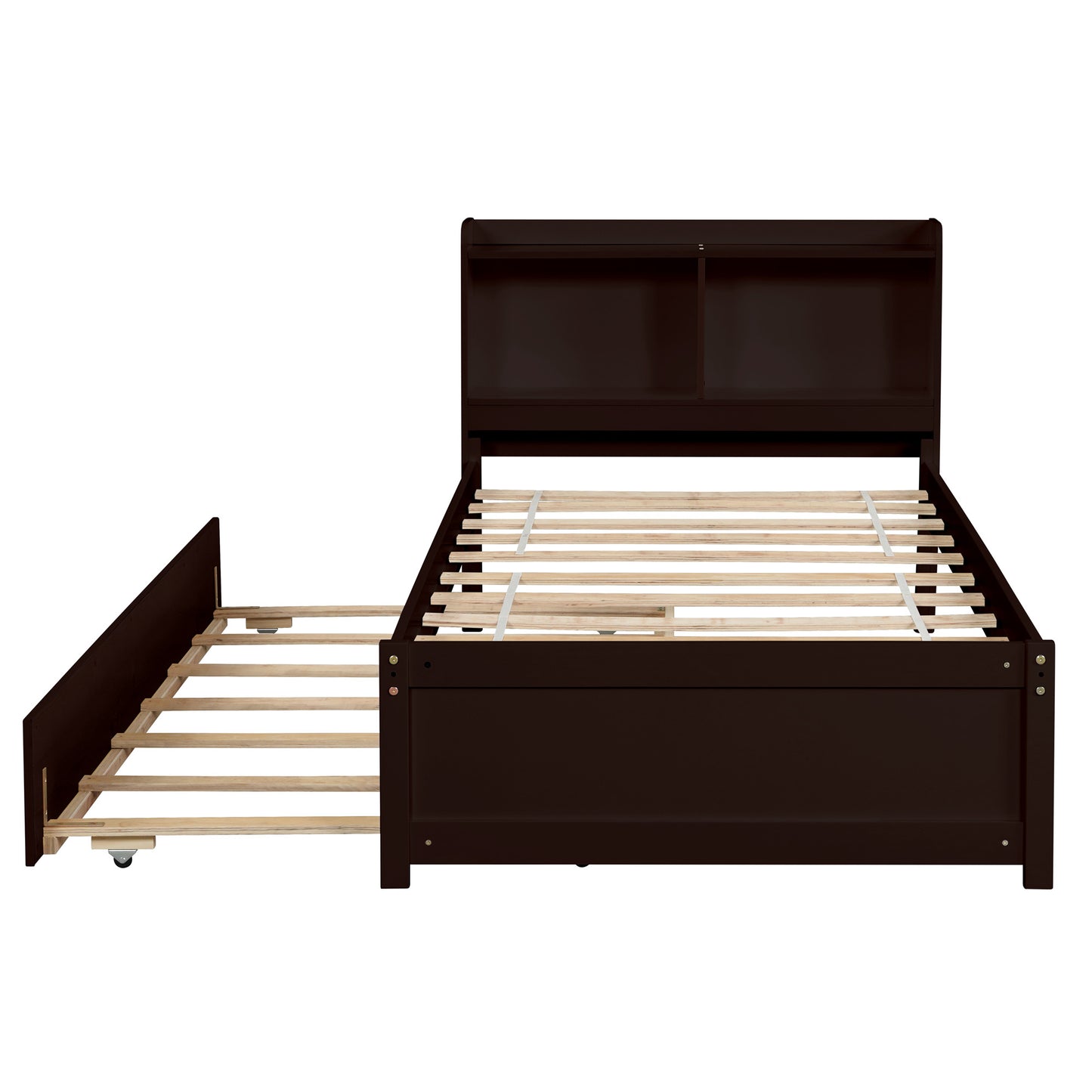 Twin Bed Frame with Trundle Included, Solid Pine Wood Platform Bed Frame with Storage Headboard for Kids Teens Adults, Espresso