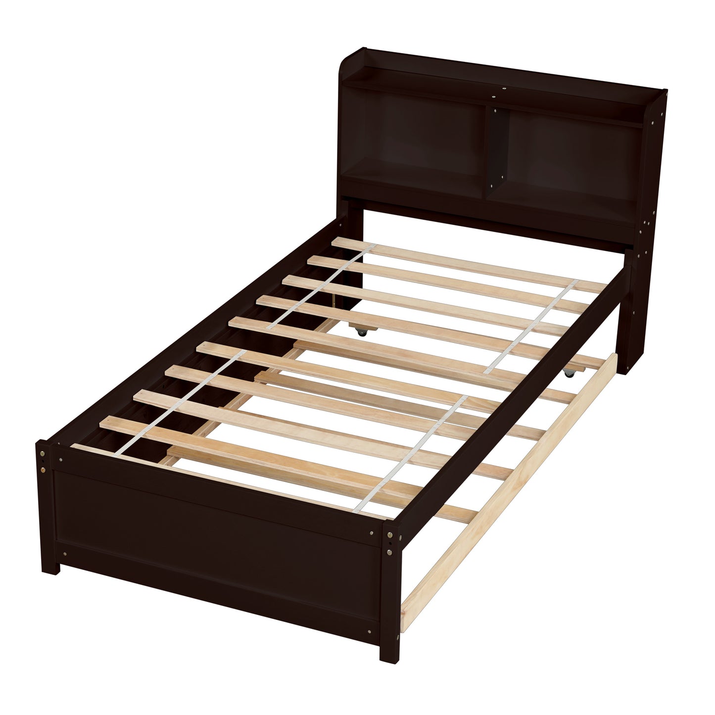 Twin Bed Frame with Trundle Included, Solid Pine Wood Platform Bed Frame with Storage Headboard for Kids Teens Adults, Espresso