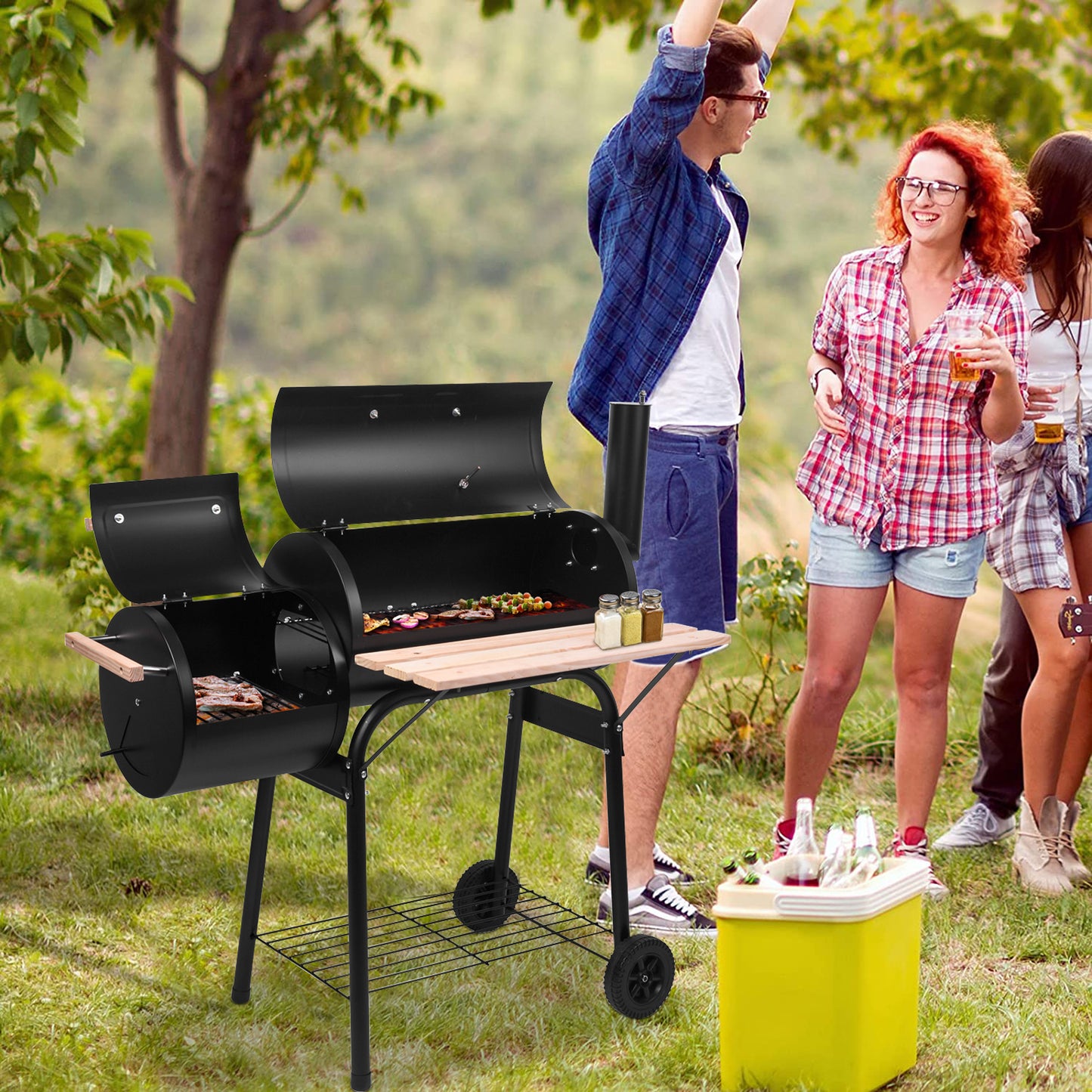 SYNGAR Charcoal BBQ Grill, Stainless Steel High Heat-Resistant Charcoal Grill and Offset Smoker Combo, Outdoor Lightweight Charcoal Grill w/ Thermometer & Cover, for BBQ, Picnic, Camping, Black, D6463