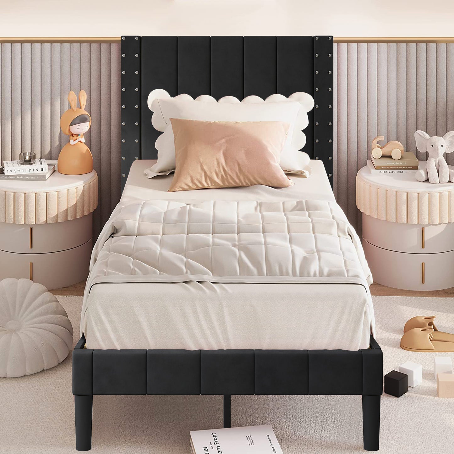 SYNGAR Beige Fabric Upholstered Platform Bed Frame Twin Size with Rivet Wingback Headboard, Metal Frame Mattress Foundation with Strong Wooden Slat Support, No Box Spring Needed, Easy Assembly