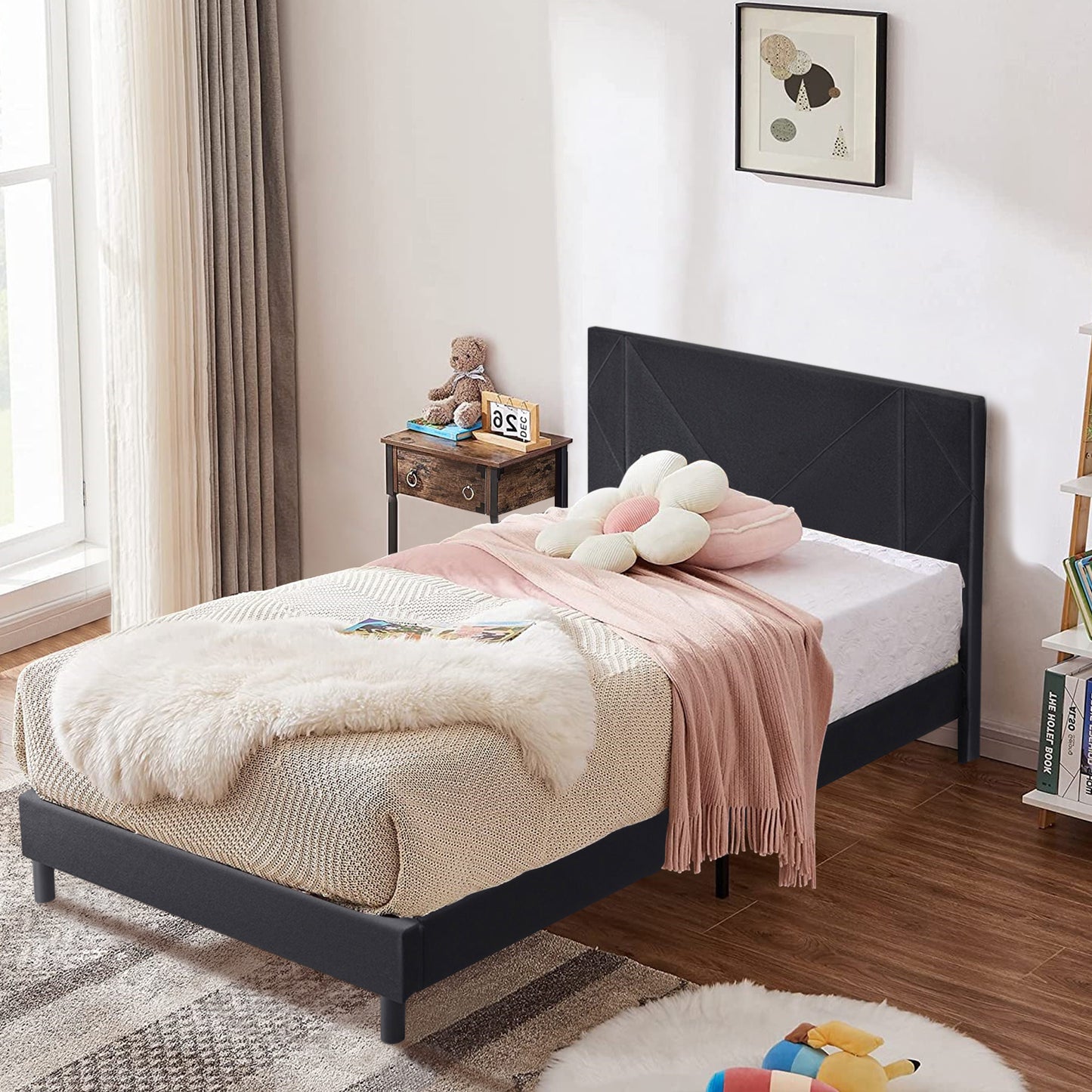 SYNGAR Twin Size Platform Bed Frame with Faux Leather Upholstered Headboard, Button Tufted and Height Adjustable, Ivory White