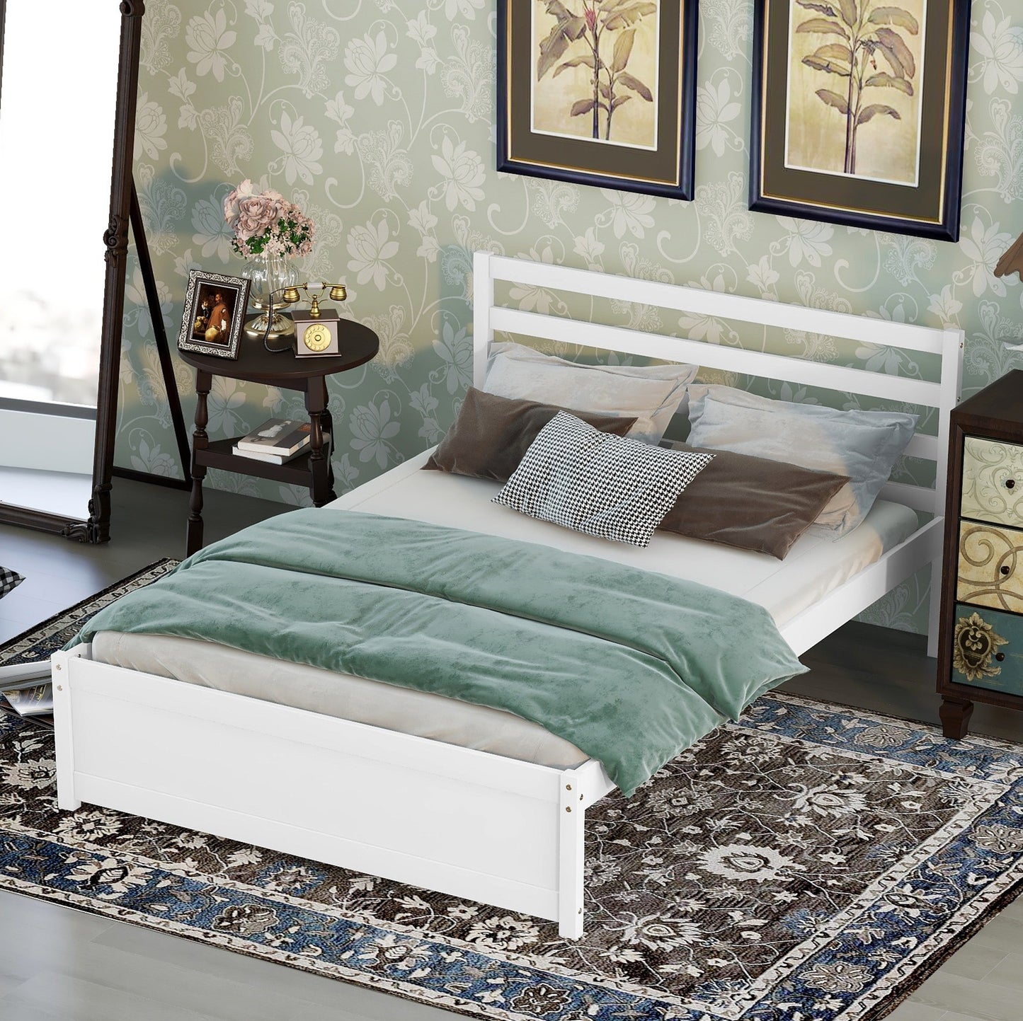 Syngar King Size Platform Bed with Headboard, Solid Wood Frame with Headboard, 800 Lbs. Weight Capacity, White, LJ2093