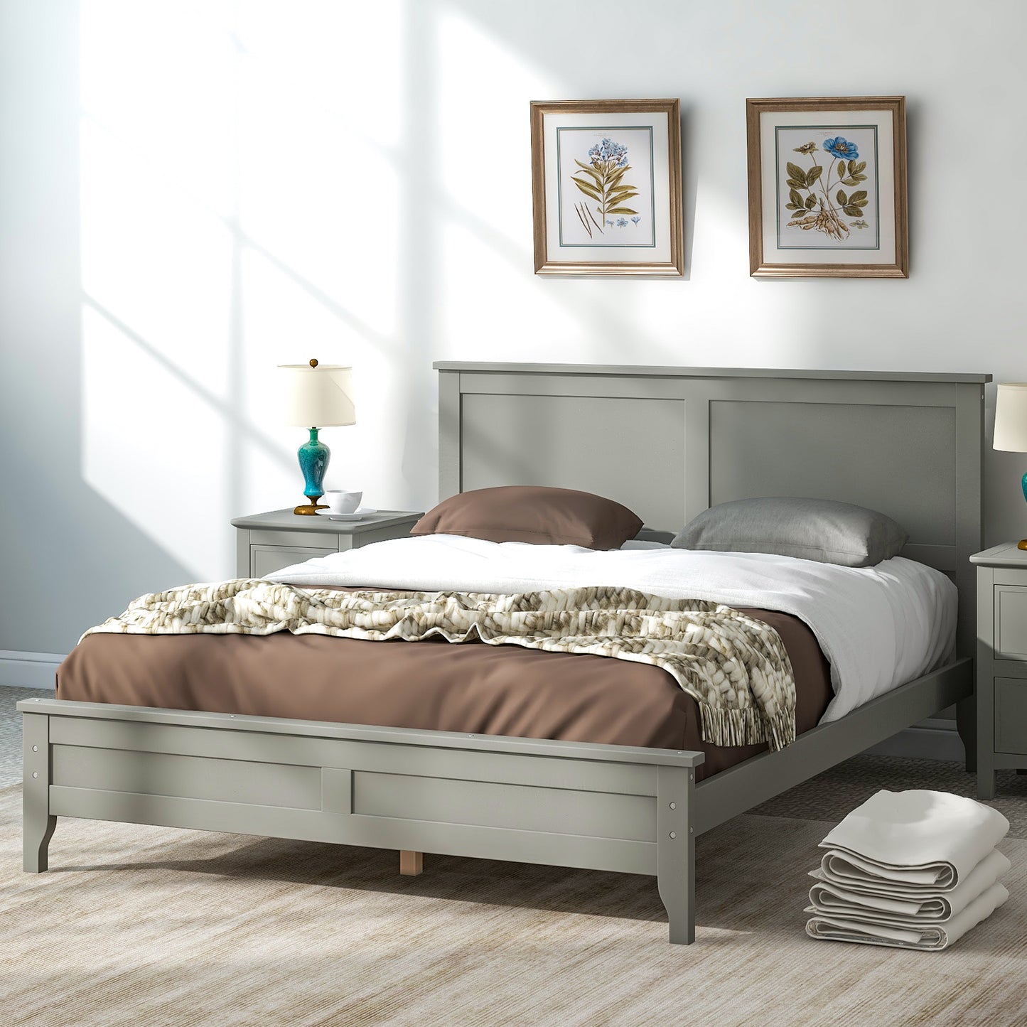 Syngar King Size Platform Bed with Headboard, Solid Wood Frame with Headboard, 500 Lbs. Weight Capacity, White, LJ2093
