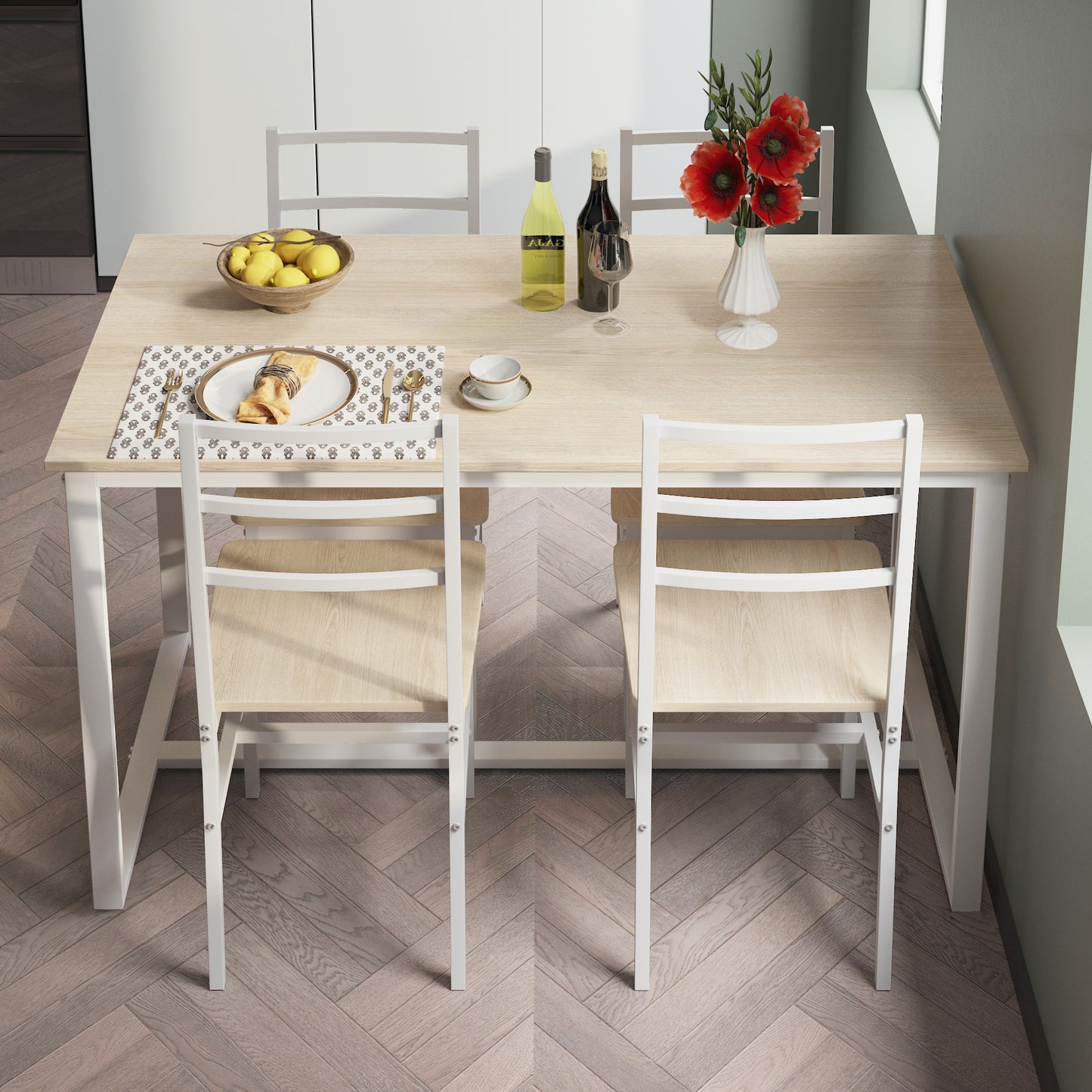 5 Piece Dining Table Set for 4, Dining Room Table Set, Modern Rustic Table Set with 4 Chairs, Wooden Tabletop and Metal Frame, Home Kitchen Breakfast Table and Chairs Set, D6115