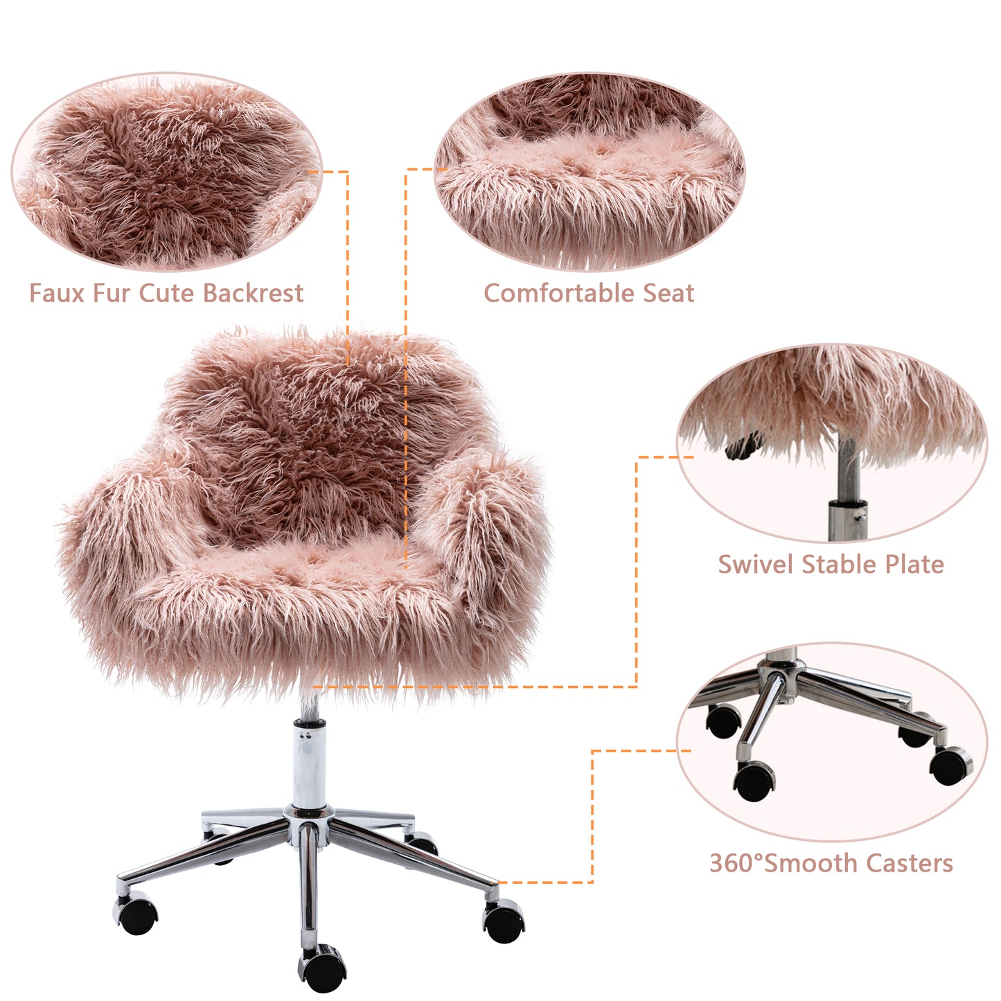 SYNGAR Cute Pink Fluffy Desk Chair for Teen Girl Kids, Home Office Computer Desk Chairs with Wheels, Comfy Faux Fur Swivel Rolling Task Chair Vanity Chair for Makeup Room, Bedroom, Living Room