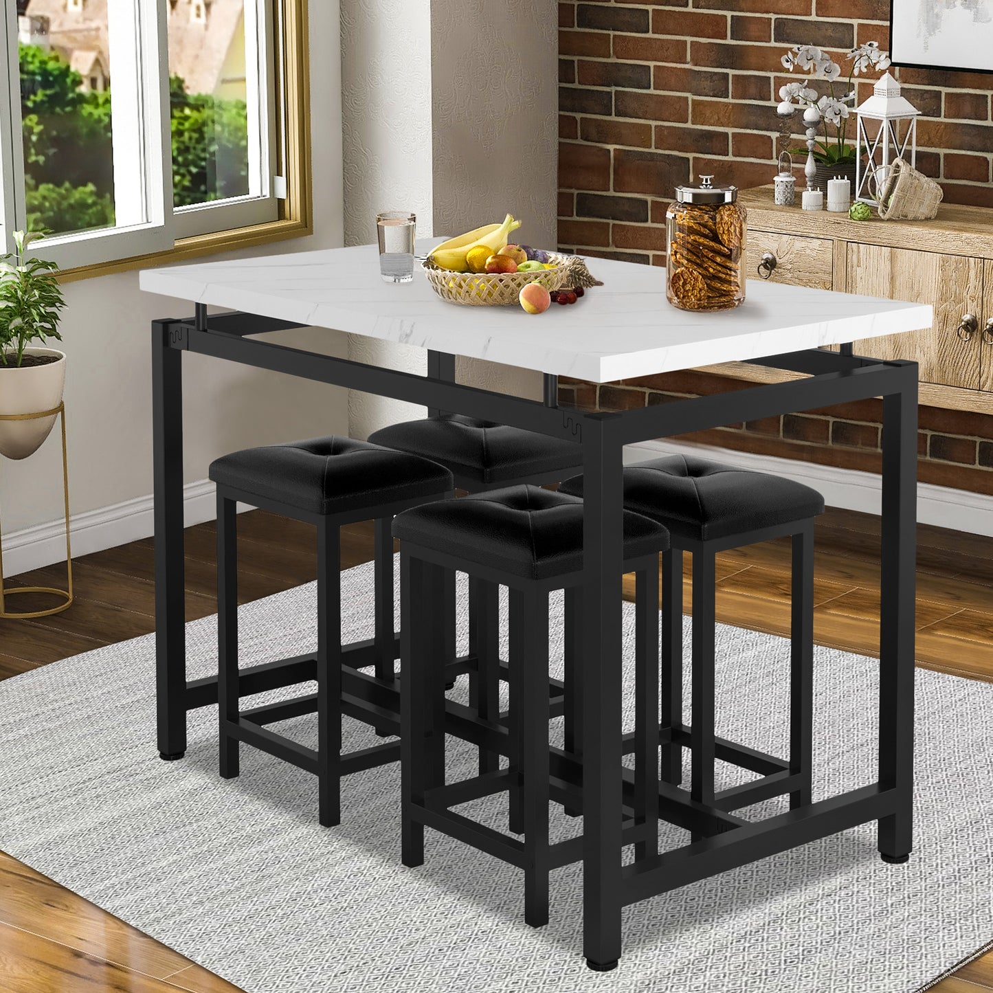 5 Piece Dining Table Set, Modern Pub Table Set with 4 PU Leather Cushioned Stools, Counter Height Faux Marble Bar Table Set, 4-Person Dining Table & Stools Set, Kitchen Table Set for Breakfast, D7773
