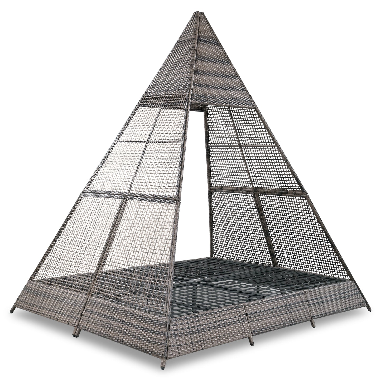 Syngar Outdoor Patio Sunbed with Removable Curtain, All Weather PE Wicker Tent-Shaped Daybed with Beige Cushions and Colorful Pillows, Patio Furniture Set for Garden Porch Deck Poolside