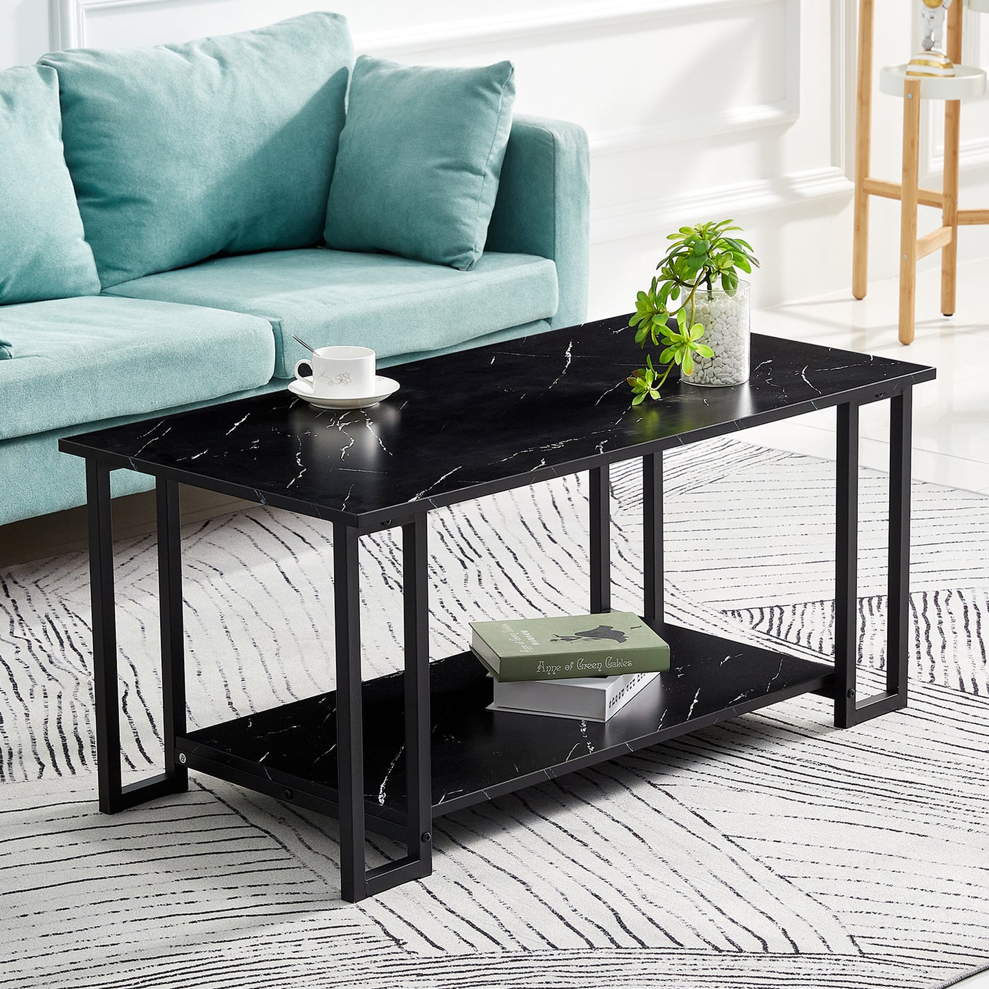 SYNGAR LED Coffee Table with 4 Storage Sliding Drawers and Open Shelves, Modern High Glossy Center Table Rectangular with Multiple Colors LED Lights for Living Room Bedroom, Easy Assembly, White