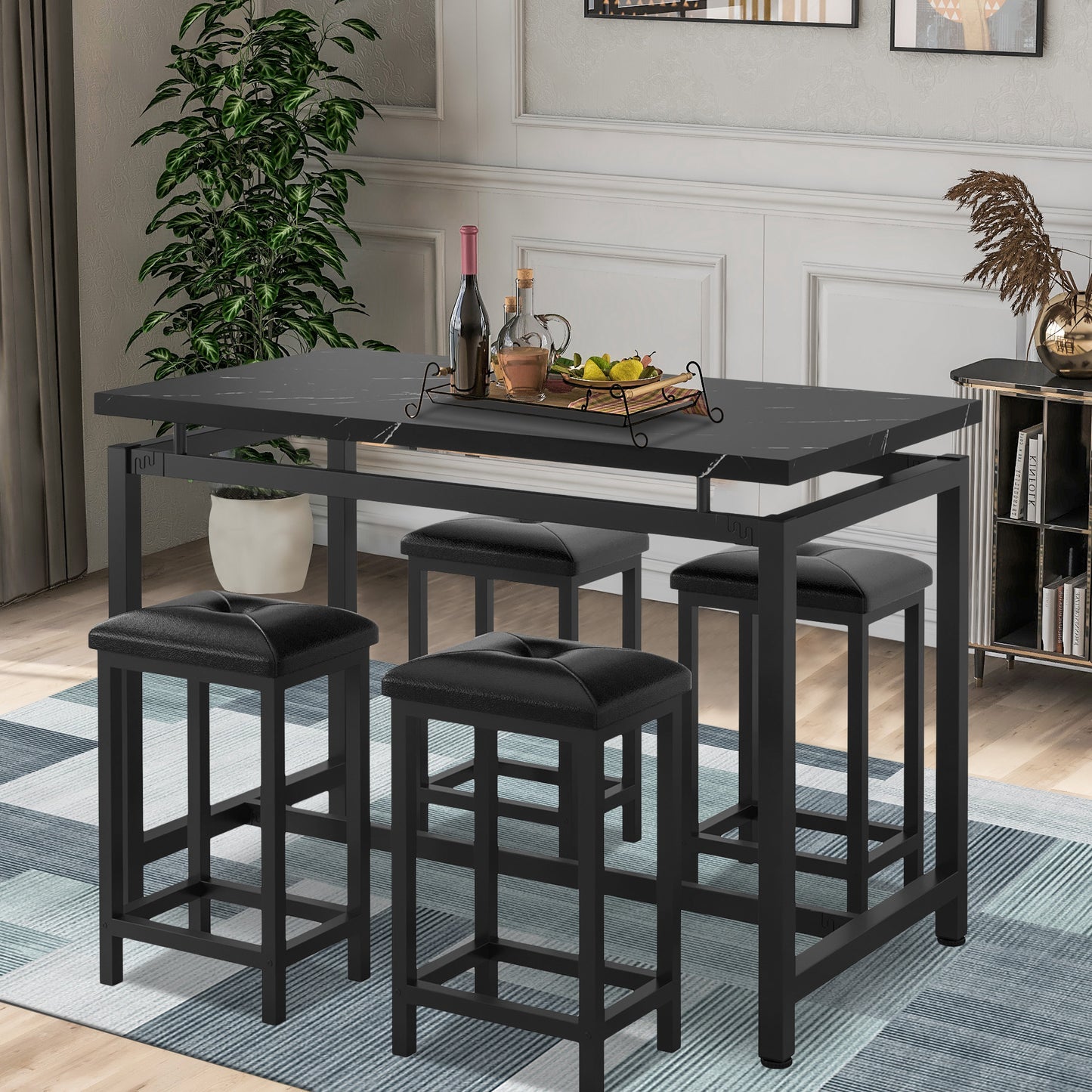5 Piece Dining Table Set, Modern Pub Table Set with 4 PU Leather Cushioned Stools, Counter Height Faux Marble Bar Table Set, 4-Person Dining Table & Stools Set, Kitchen Table Set for Breakfast, D7779