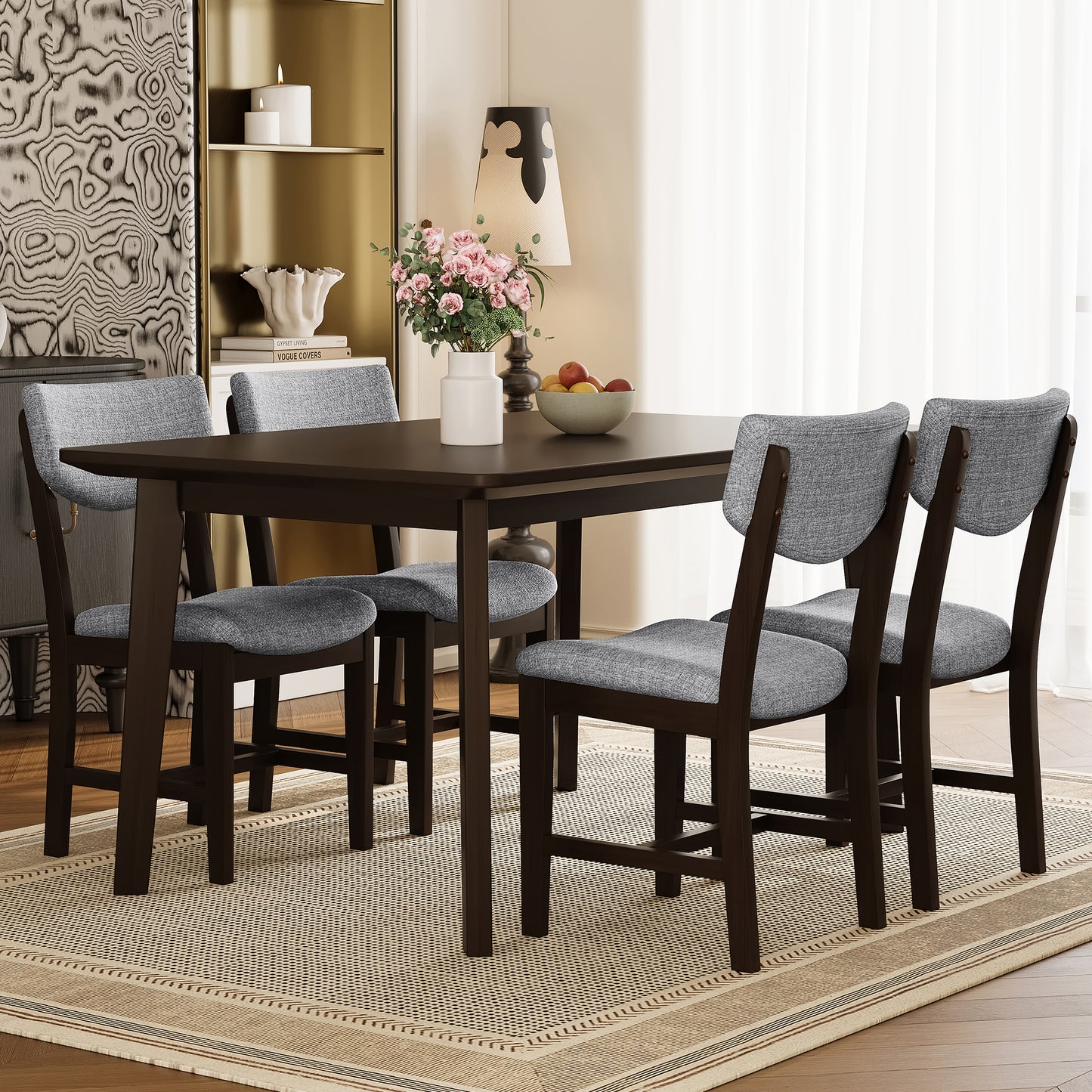 5-Piece Dining Table Set for 4, 47.2 Inch Rectangular Farmhouse Kitchen Table and 4 Upholstered Chairs, Rubberwood Legs, Space-Saving Dining Room Furniture