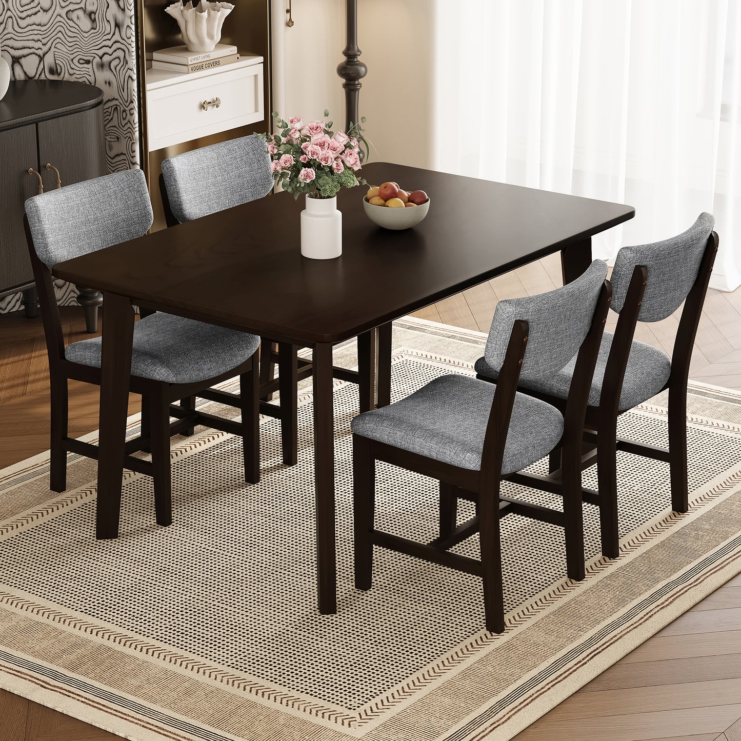 5-Piece Dining Table Set for 4, 47.2 Inch Rectangular Farmhouse Kitchen Table and 4 Upholstered Chairs, Rubberwood Legs, Space-Saving Dining Room Furniture