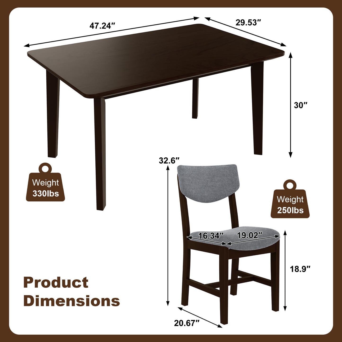 5-Piece Dining Table Set for 4, 47.2 Inch Rectangular Farmhouse Kitchen Table and 4 Upholstered Chairs, Rubberwood Legs, Space-Saving Dining Room Furniture