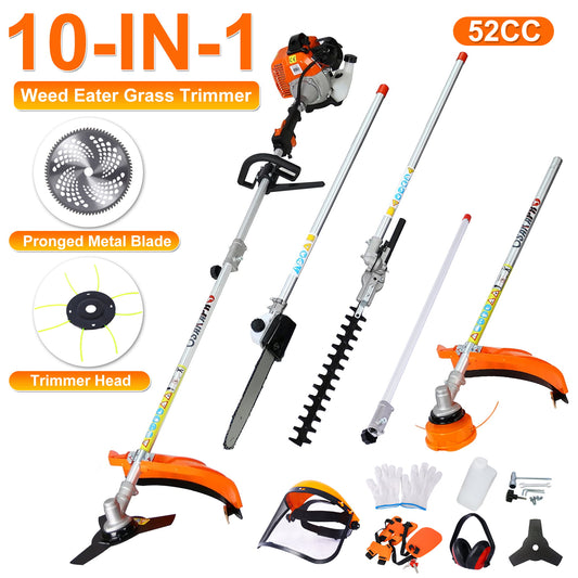 10 in 1 Weed Eater Grass Trimmer, Multi-Functional String Trimmer with Gas Pole Saw, Hedge Trimmer, Weed Trimmer, and Brush Cutter, Weed Eater for Patio Garden Lawn, 52CC 2-Cycle