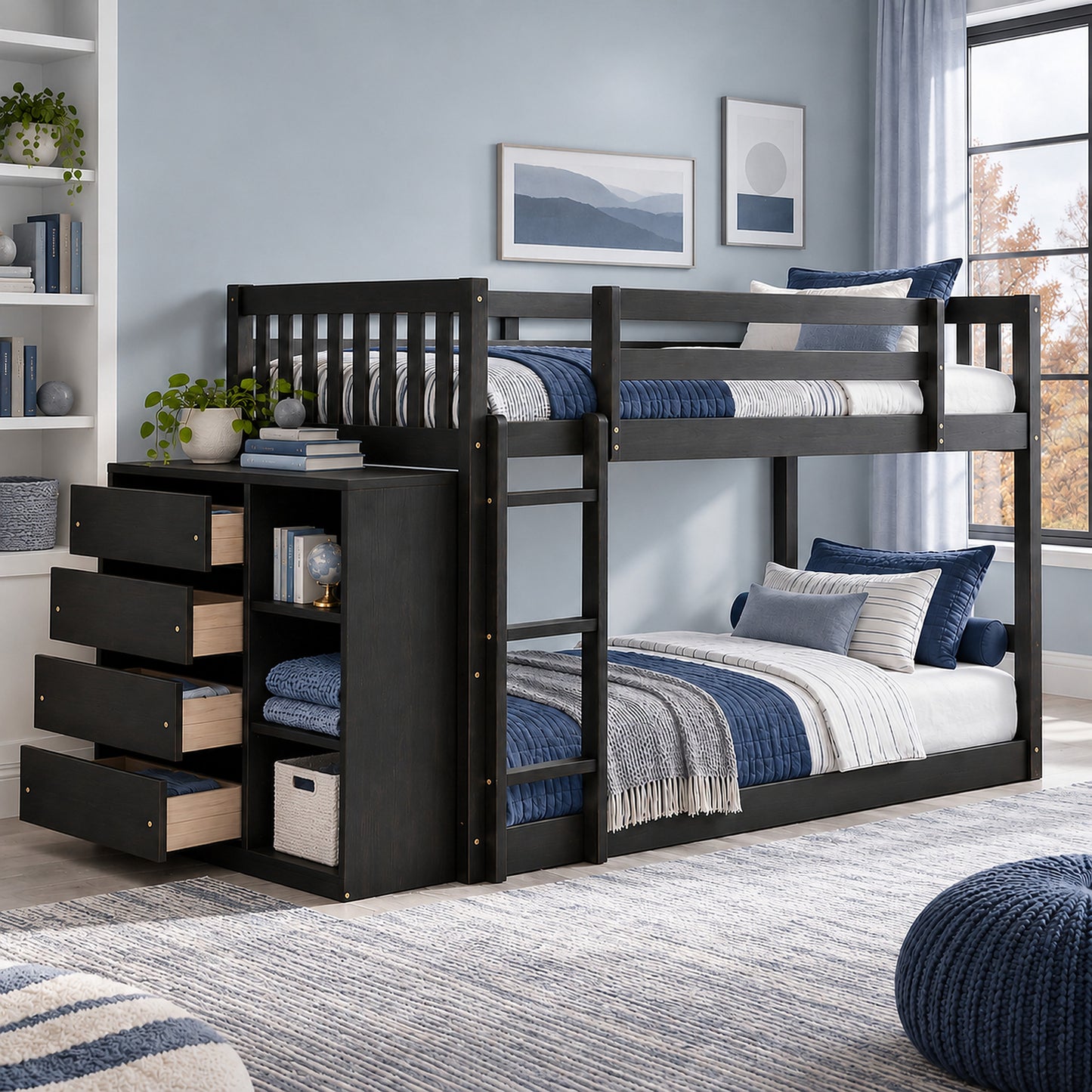 Syngar Twin Over Twin Bunk Bed with Storage, Wood Bunk Bed with 4 Drawers and 3 Shelves, Low Bunk Bed Frame with Reversible Ladder for Kids and Teens, Black