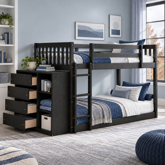 Syngar Twin Over Twin Bunk Bed with Storage, Wood Bunk Bed with 4 Drawers and 3 Shelves, Low Bunk Bed Frame with Reversible Ladder for Kids and Teens, Black
