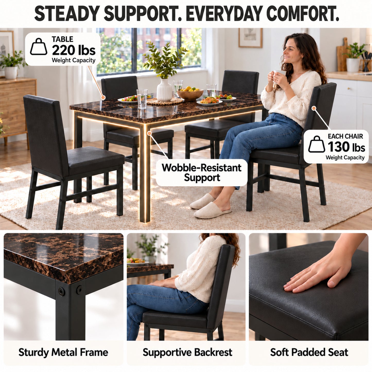 SYNGAR 7 Piece Dining Set, Modern Dining Table and Chairs Set for 6, Kitchen Dining Table Set with Faux Marble Tabletop and 6 PU Leather Upholstered Chairs, for Small Space, Breakfast Nook