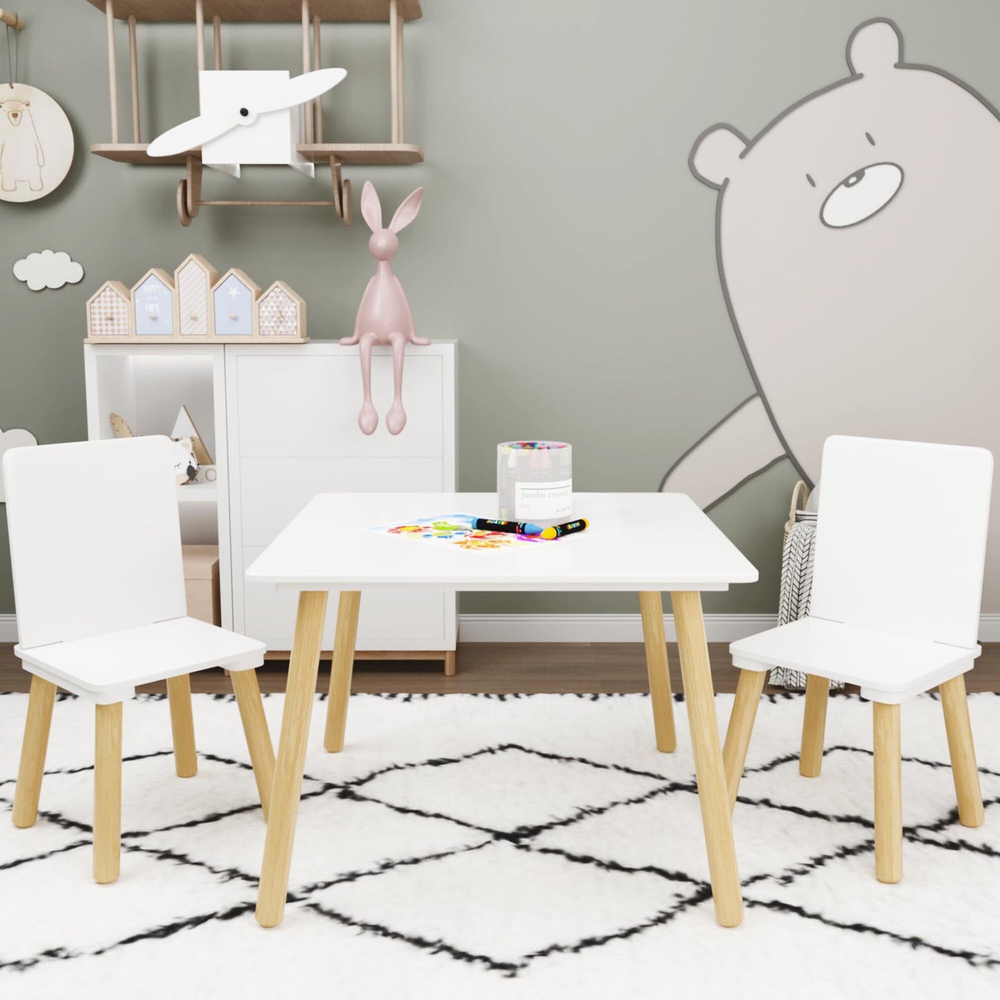 Syngar Kids Table and Chairs Set 3 Piece,Wooden Activity Table and Chairs Set for Toddlers Eating, Arts, Crafts, Drawing, Reading, PlayRoom, Gift for Gils Boys 1-7