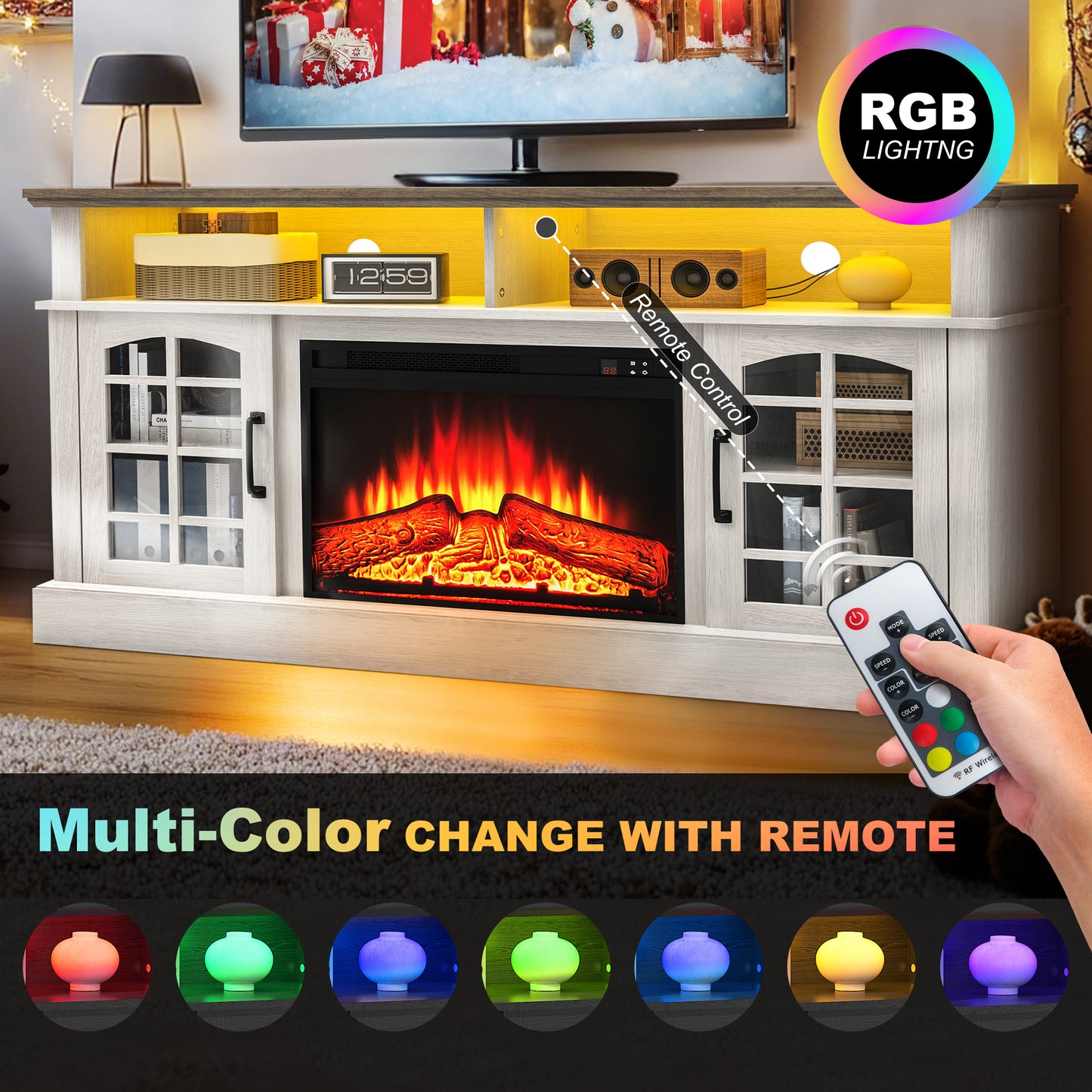 SYNGAR Fireplace Electric TV Stand for 65" TV with LED Light, Modern Entertainment Center With Remote Control Virtual Flame Fireplace, 2 Cabinet Storage, Glass Door, Storage Shelves,Black