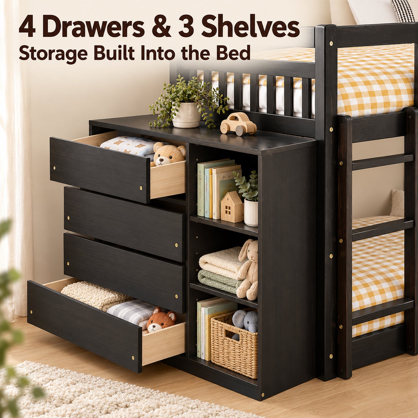 Syngar Twin Over Twin Bunk Bed with Storage, Wood Bunk Bed with 4 Drawers and 3 Shelves, Low Bunk Bed Frame with Reversible Ladder for Kids and Teens, Black