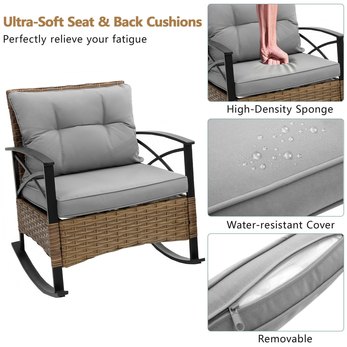 3 Piece Outdoor Rocking Bistro Set, PE Rattan Glass Top Table and Rocking Chairs Set, Outdoor Conversation Set with Cushions for 2 Persons, All-weather Bistro Set for Patio, Pool, Balcony, Pub, Cafe