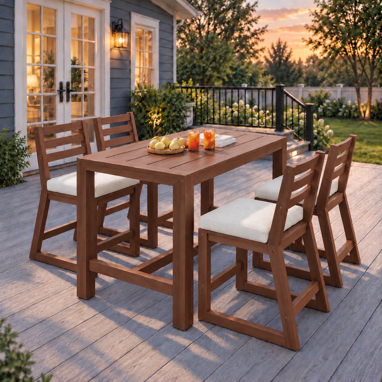 Syngar 5-Piece Outdoor Bar Sets, Acacia Wood Patio Bar Table and 4 High-Back Cushioned Chairs, All Weather Bar Height Patio Set for Garden, Backyard, Poolside, Home