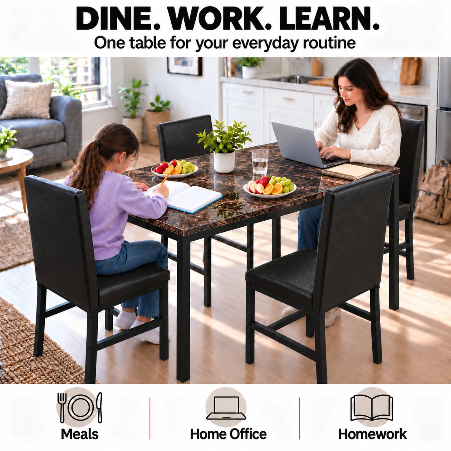 SYNGAR 7 Piece Dining Set, Modern Dining Table and Chairs Set for 6, Kitchen Dining Table Set with Faux Marble Tabletop and 6 PU Leather Upholstered Chairs, for Small Space, Breakfast Nook