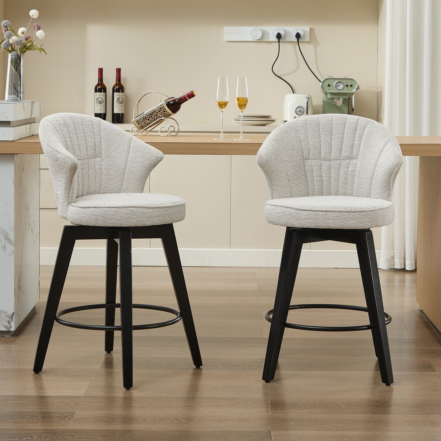 SYNGAR Swivel Bar Stools Set of 2, 360 Dreege Swivel Modern Counter Height Bar Stools with High Backrest, Chenille Upholstered Kitchen Island with Footrest, White