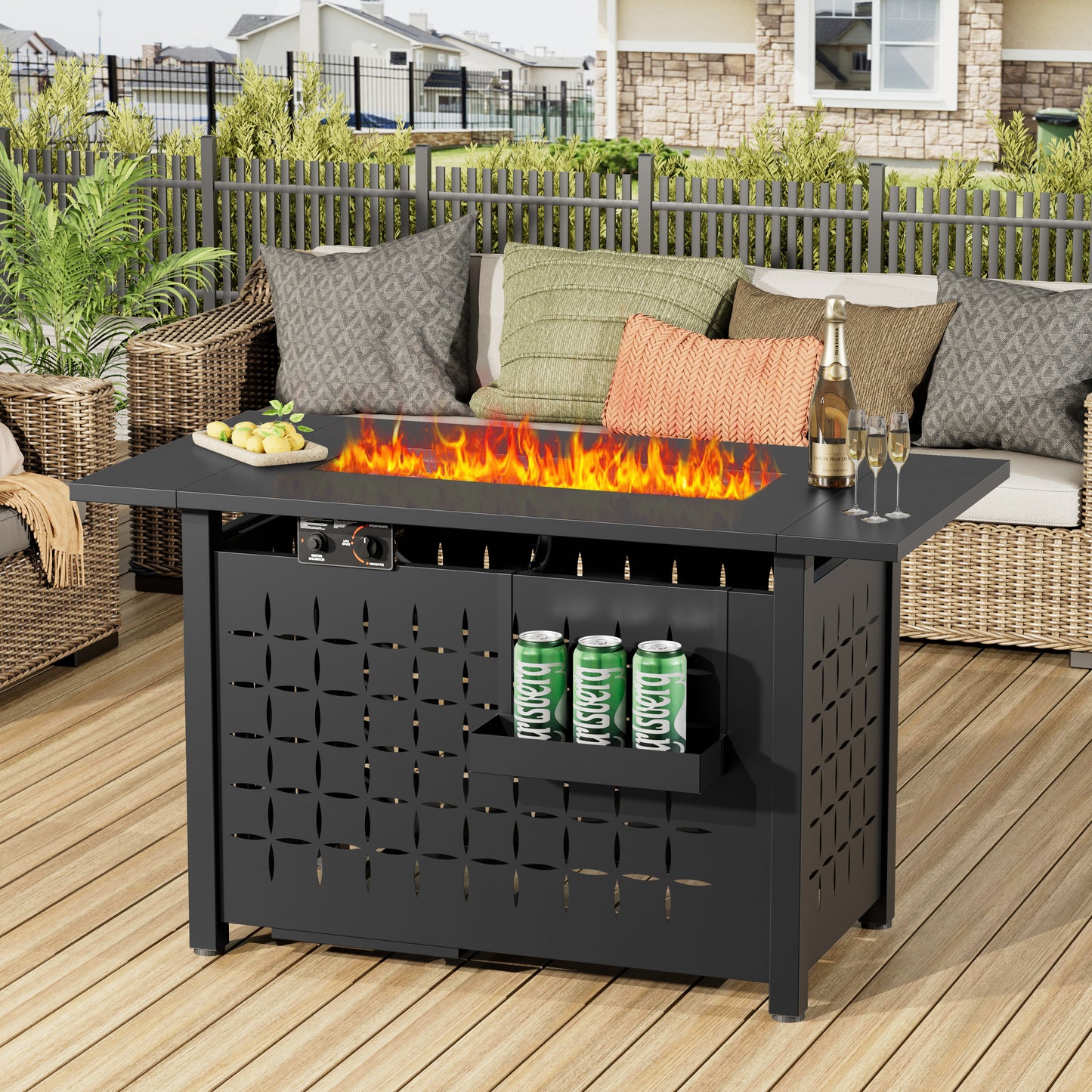 2-in-1 Propane Fire Pit Table, Outdoor Table with Fire Pit, 28" 40,000 BTU Auto-Ignition Gas Fire Pit Table with Lid & Lava Rock, Square Fire Table with Rattan Exterior for Yard Patio Garden
