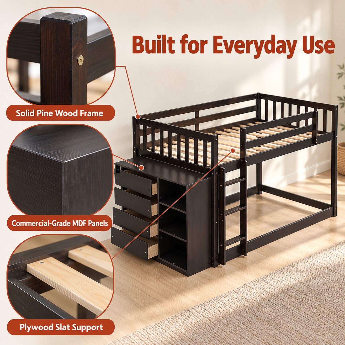 Syngar Twin Over Twin Bunk Bed with Storage, Wood Bunk Bed with 4 Drawers and 3 Shelves, Low Bunk Bed Frame with Reversible Ladder for Kids and Teens, Black