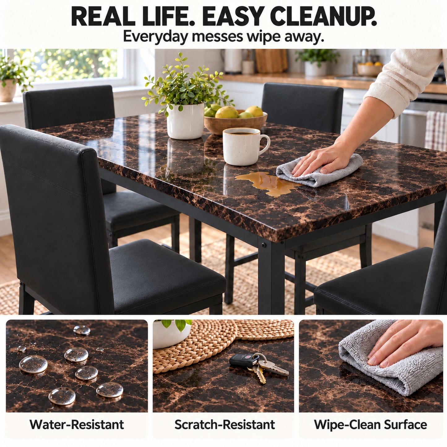 SYNGAR 7 Piece Dining Set, Modern Dining Table and Chairs Set for 6, Kitchen Dining Table Set with Faux Marble Tabletop and 6 PU Leather Upholstered Chairs, for Small Space, Breakfast Nook