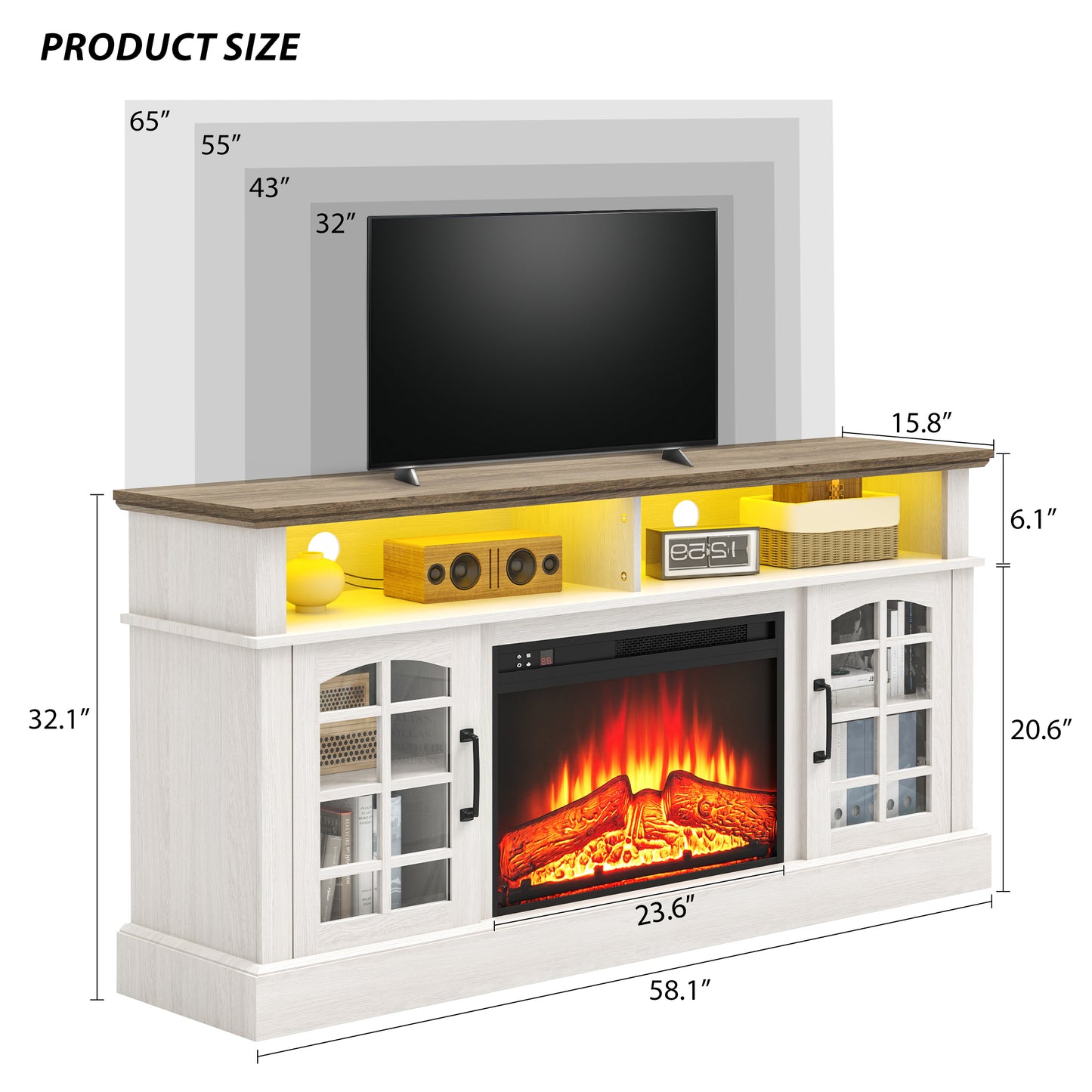 SYNGAR Fireplace Electric TV Stand for 65" TV with LED Light, Modern Entertainment Center With Remote Control Virtual Flame Fireplace, 2 Cabinet Storage, Glass Door, Storage Shelves,Black