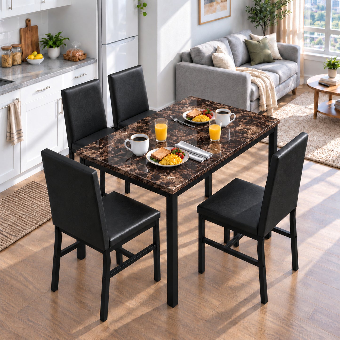 SYNGAR 7 Piece Dining Set, Modern Dining Table and Chairs Set for 6, Kitchen Dining Table Set with Faux Marble Tabletop and 6 PU Leather Upholstered Chairs, for Small Space, Breakfast Nook