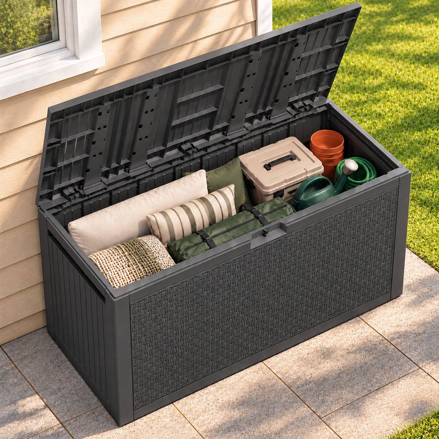 Syngar 90 Gallon Resin Deck Box, Outdoor Storage Box with Wood Grain & Maze Pattern, Waterproof Lockable Patio Storage Bench with Dual Handles for Cushions, Garden Tools & Pool Supplies, Gray