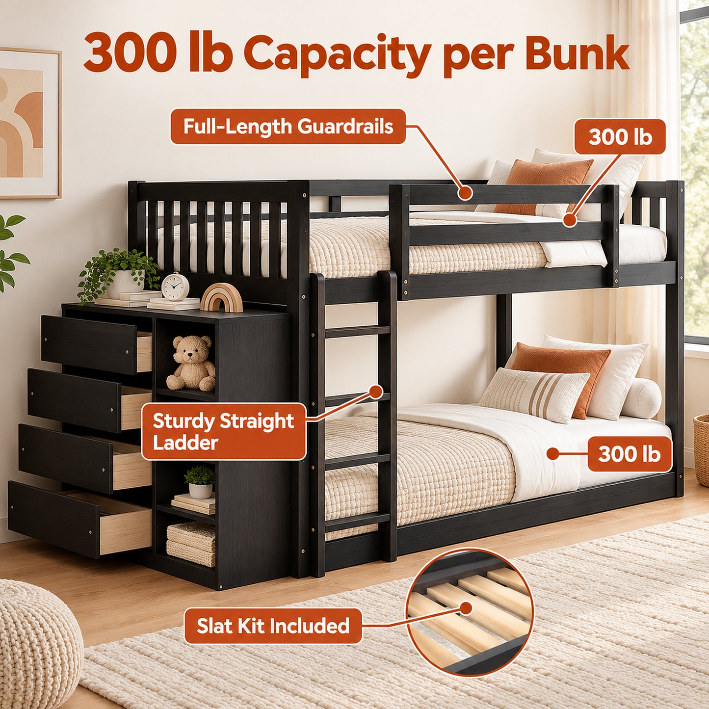Syngar Twin Over Twin Bunk Bed with Storage, Wood Bunk Bed with 4 Drawers and 3 Shelves, Low Bunk Bed Frame with Reversible Ladder for Kids and Teens, Black