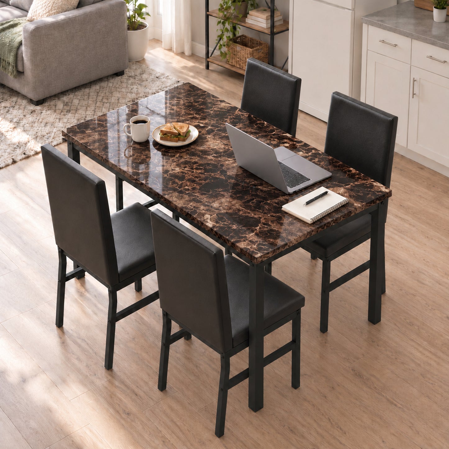 SYNGAR 7 Piece Dining Set, Modern Dining Table and Chairs Set for 6, Kitchen Dining Table Set with Faux Marble Tabletop and 6 PU Leather Upholstered Chairs, for Small Space, Breakfast Nook