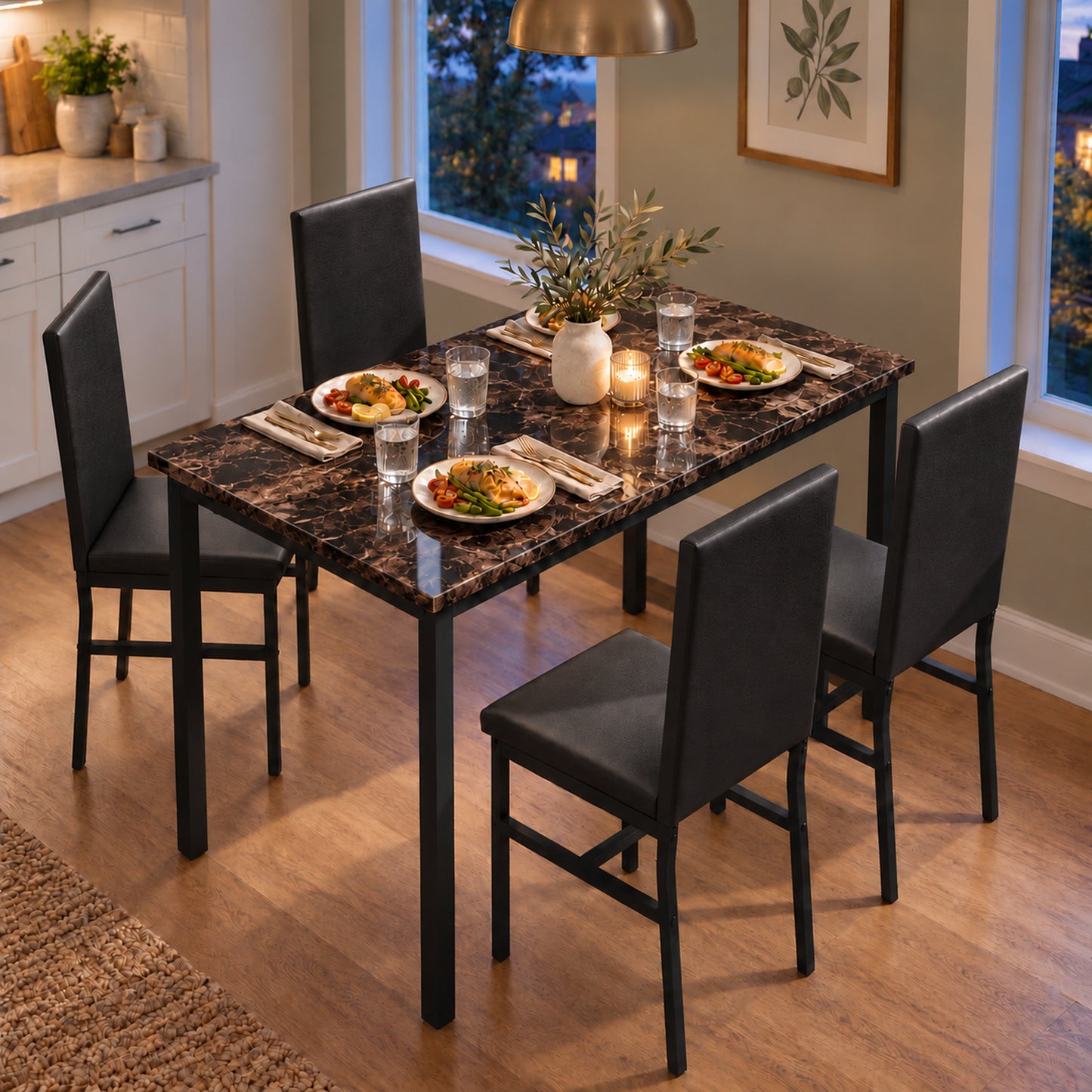 SYNGAR 7 Piece Dining Set, Modern Dining Table and Chairs Set for 6, Kitchen Dining Table Set with Faux Marble Tabletop and 6 PU Leather Upholstered Chairs, for Small Space, Breakfast Nook