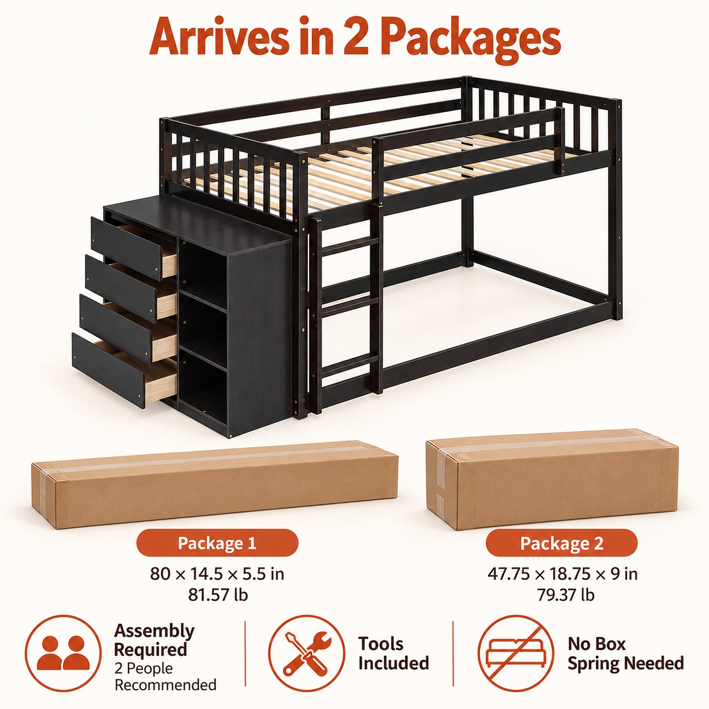 Syngar Twin Over Twin Bunk Bed with Storage, Wood Bunk Bed with 4 Drawers and 3 Shelves, Low Bunk Bed Frame with Reversible Ladder for Kids and Teens, Black